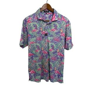 Bad Birdie Mens Flamingo Tropical Hawaiian Print Golf Performance Polo Size M